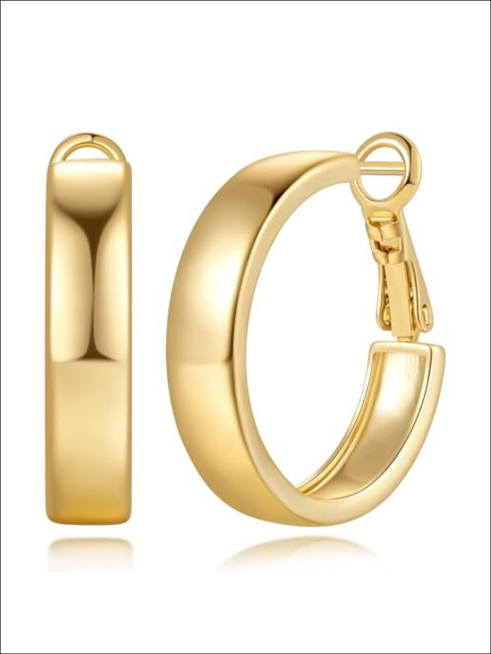 14K Gold Plated Wide Flat Hoop Earrings Lever Back